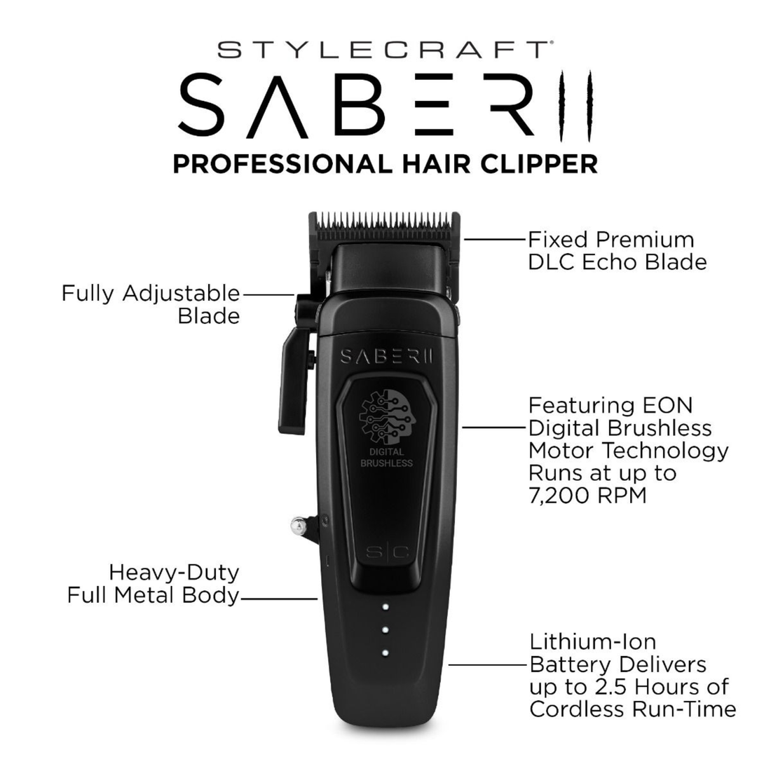 Saber 2 Professional Hair Clipper שחור מכונת תספורת מקצועית סייבר 2